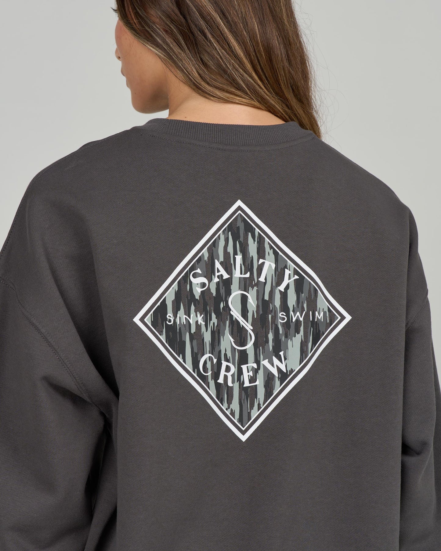 Close up back view of the Tippet Crew - Charcoal. 