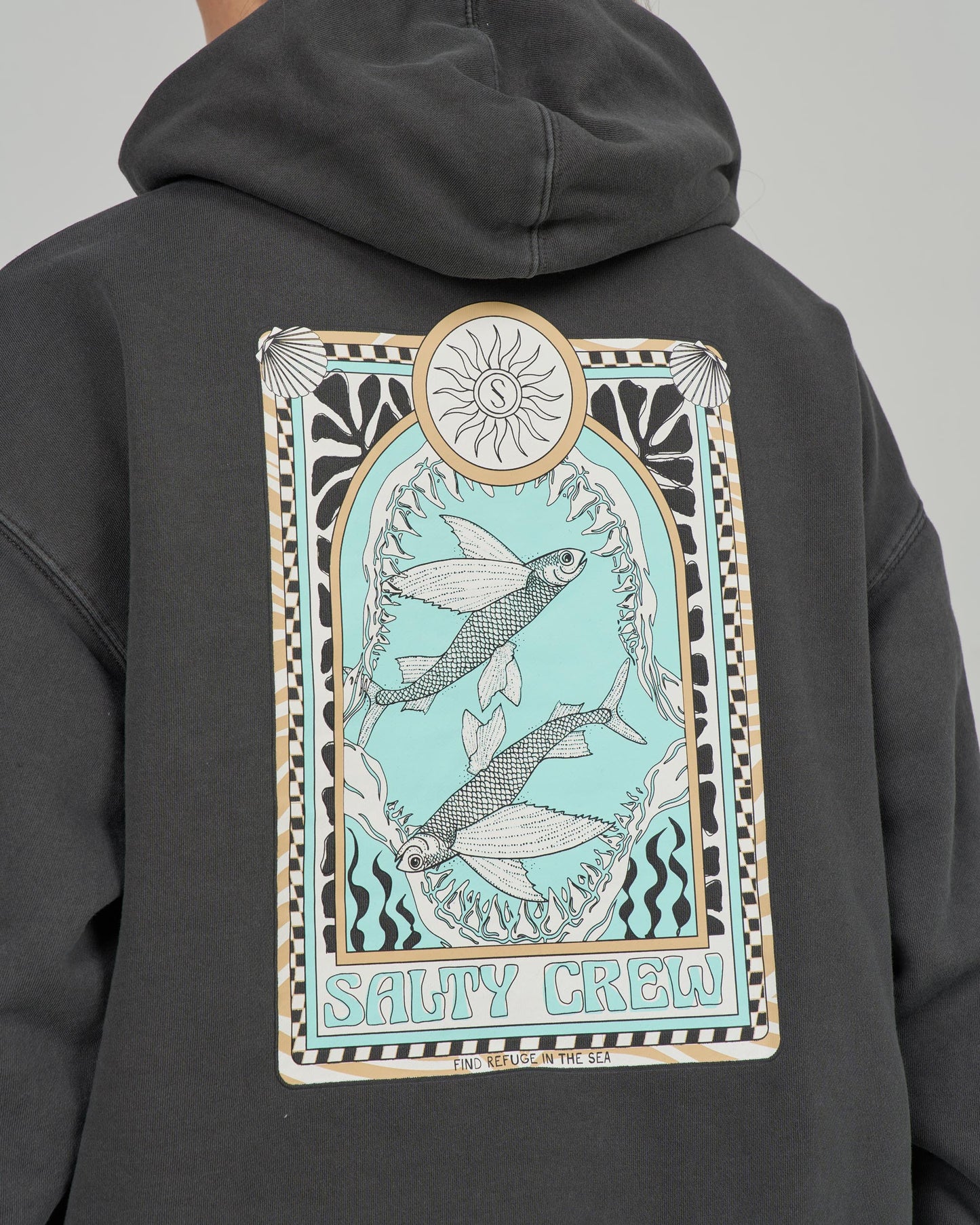 Close up back view of the Zodiac Hoody - Faded Black. 