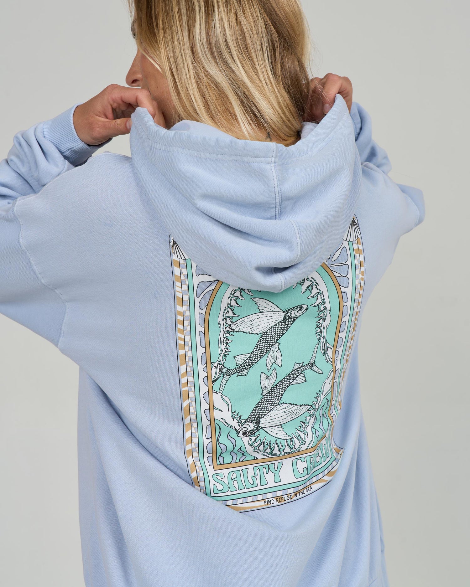 Close up back view of the Zodiac Hoody - Fog. 