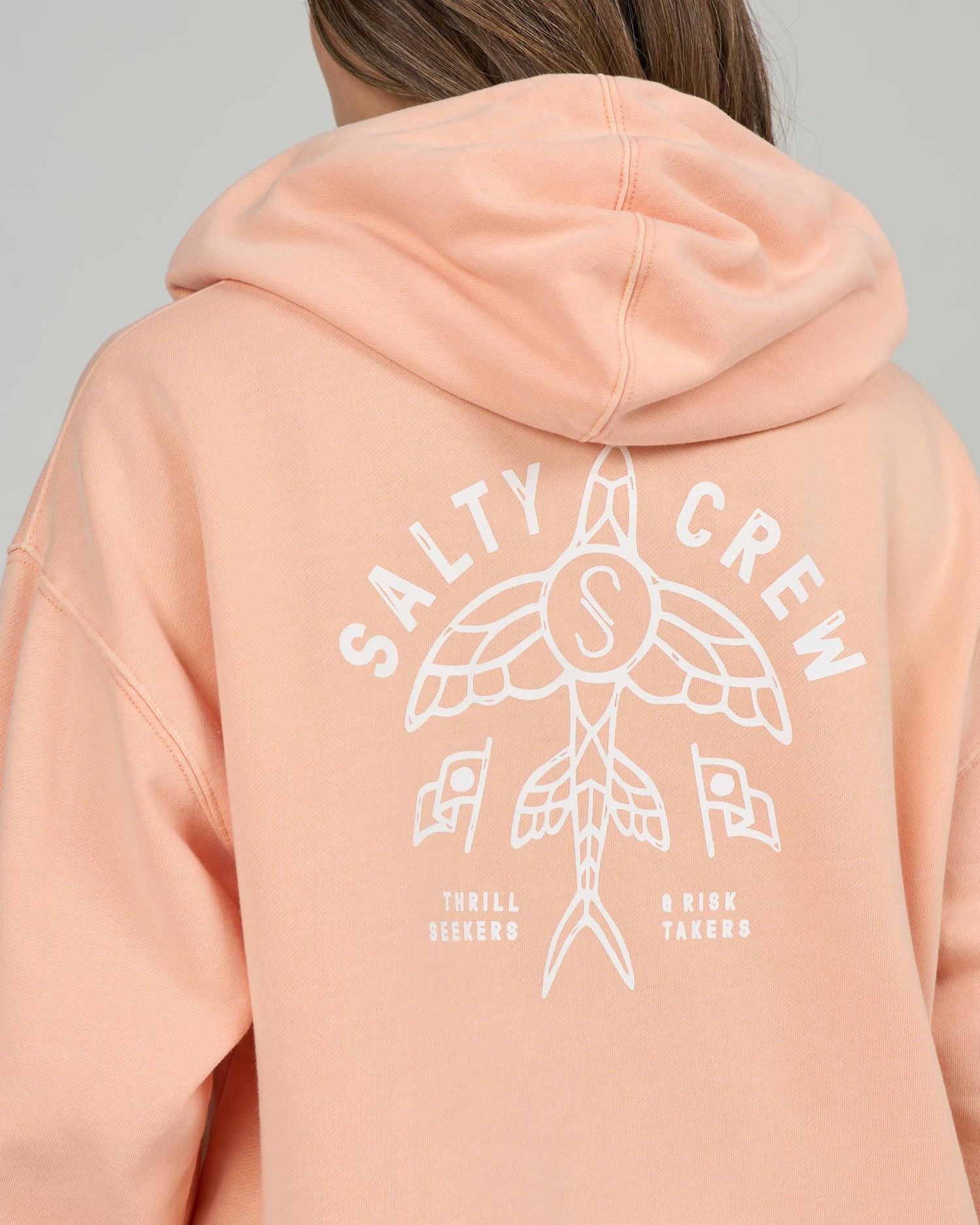 Close up back view of the Flying High Hoody - Apricot. 
