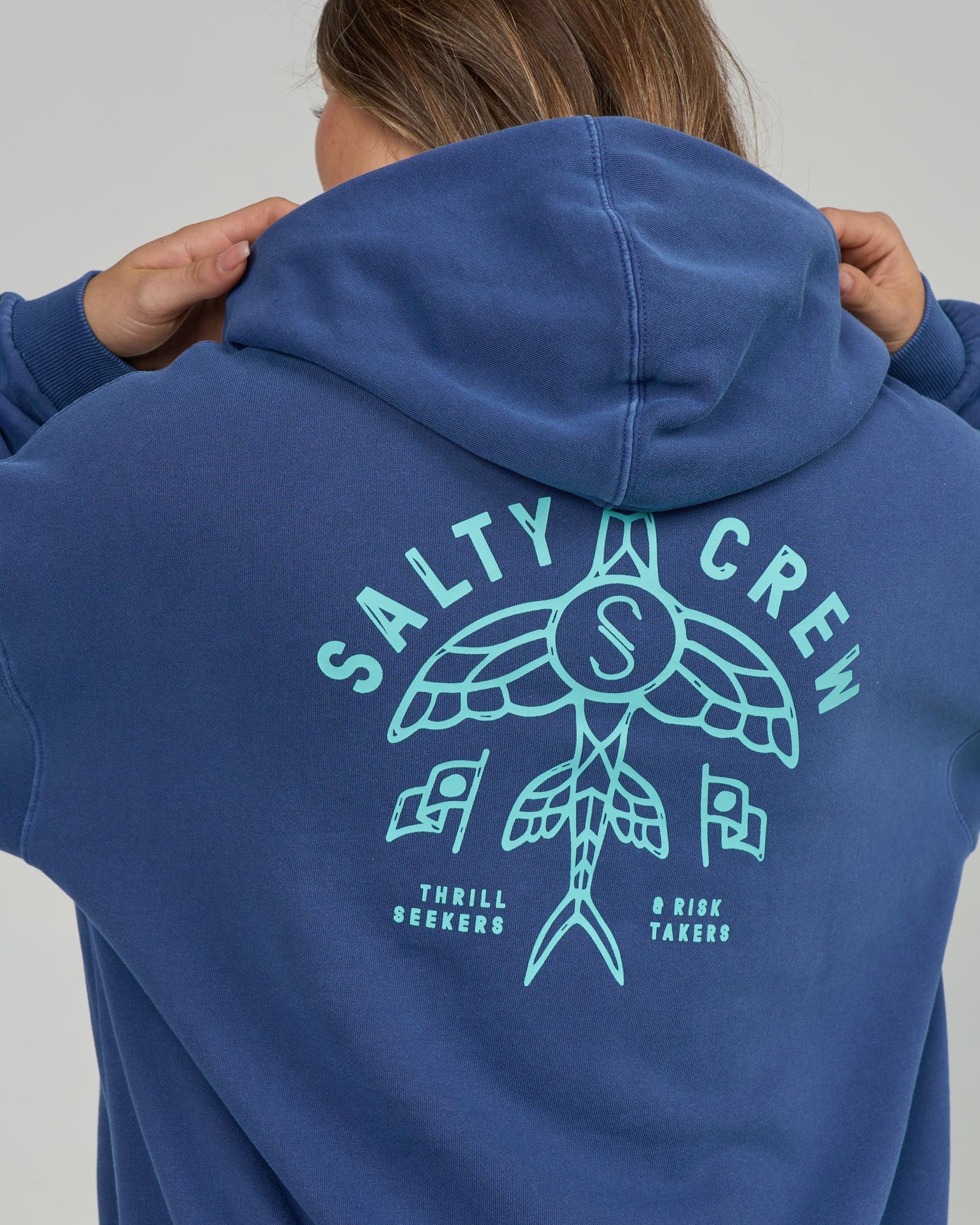 Close up back view of the Flying High Hoody - Navy. 
