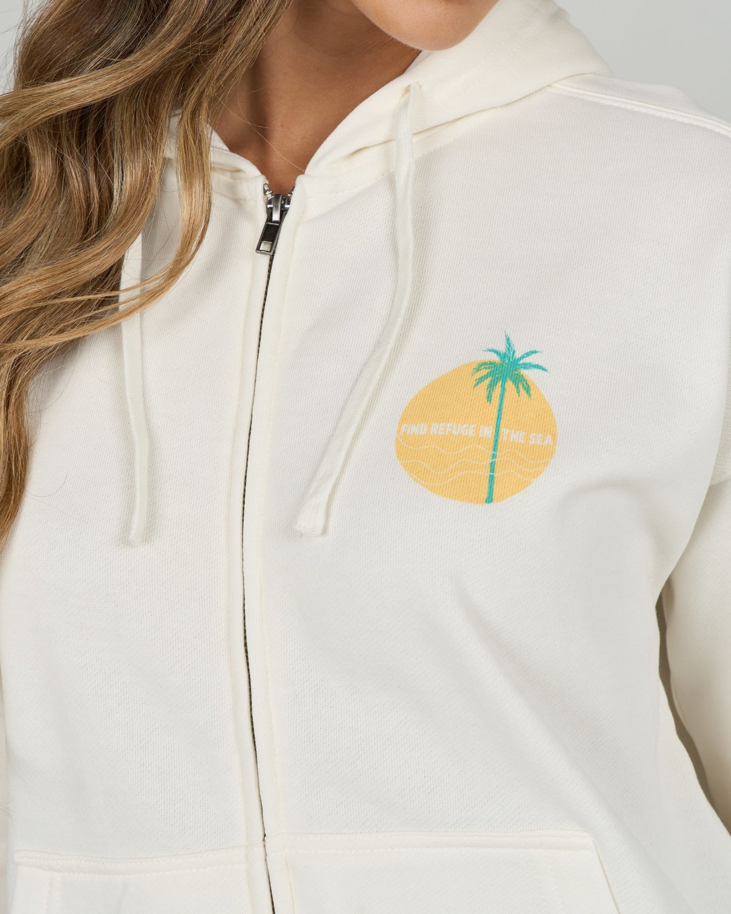 Close up front view of the Simplicity Zip Hoody - Off White. 