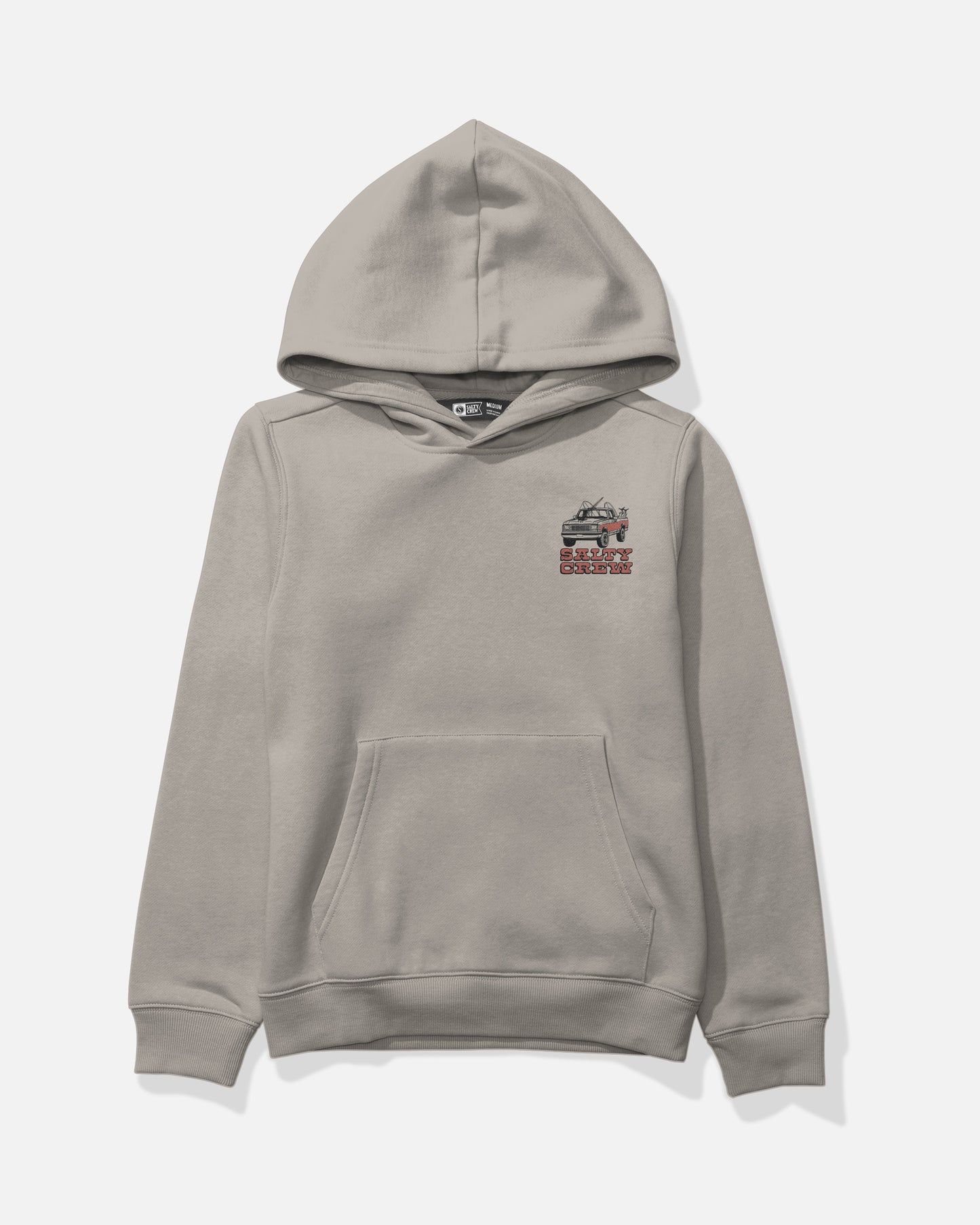 The Salty Crew Truck Stop Boys Fleece in Stone is a light gray hooded sweatshirt with a small black off-road vehicle on the left chest, plus a kangaroo pocket and ribbed cuffs for comfort.