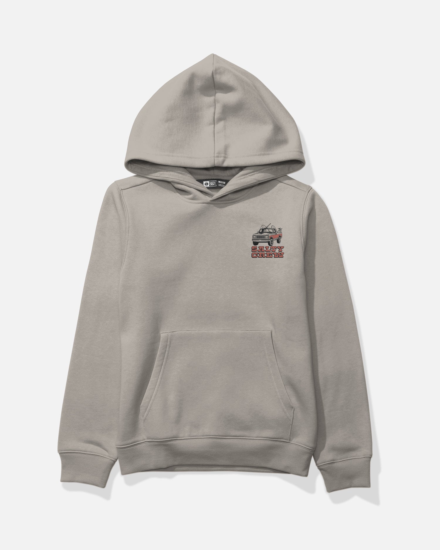 The Salty Crew Truck Stop Boys Fleece in Stone is a light gray hooded sweatshirt with a small black off-road vehicle on the left chest, plus a kangaroo pocket and ribbed cuffs for comfort.