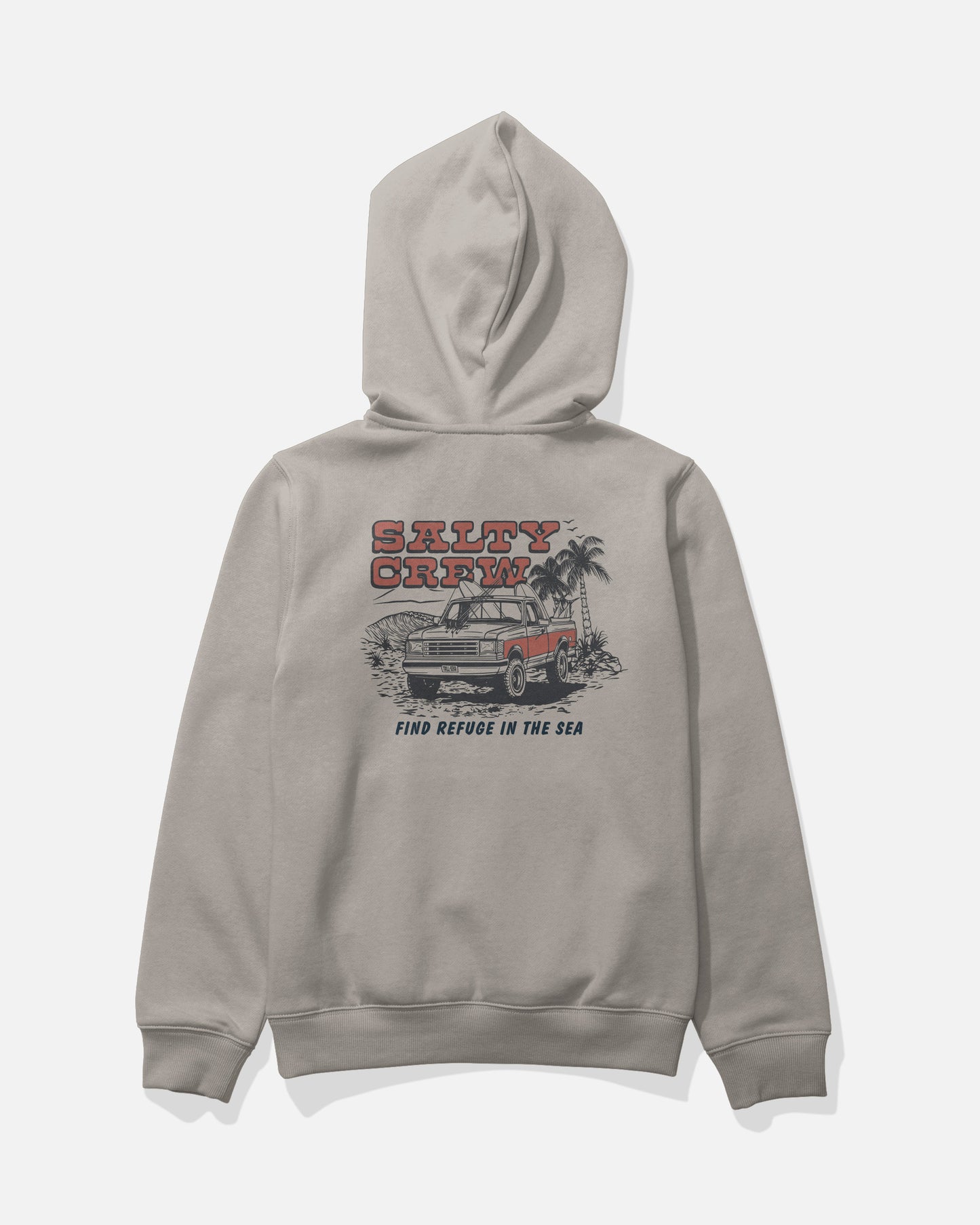 The Salty Crew Truck Stop Boys Fleece in Stone is a light gray hooded hoodie with a kangaroo pocket and a back graphic of a classic truck, palm trees, and bold red "SALTY CREW" above “FIND REFUGE IN THE SEA.”.