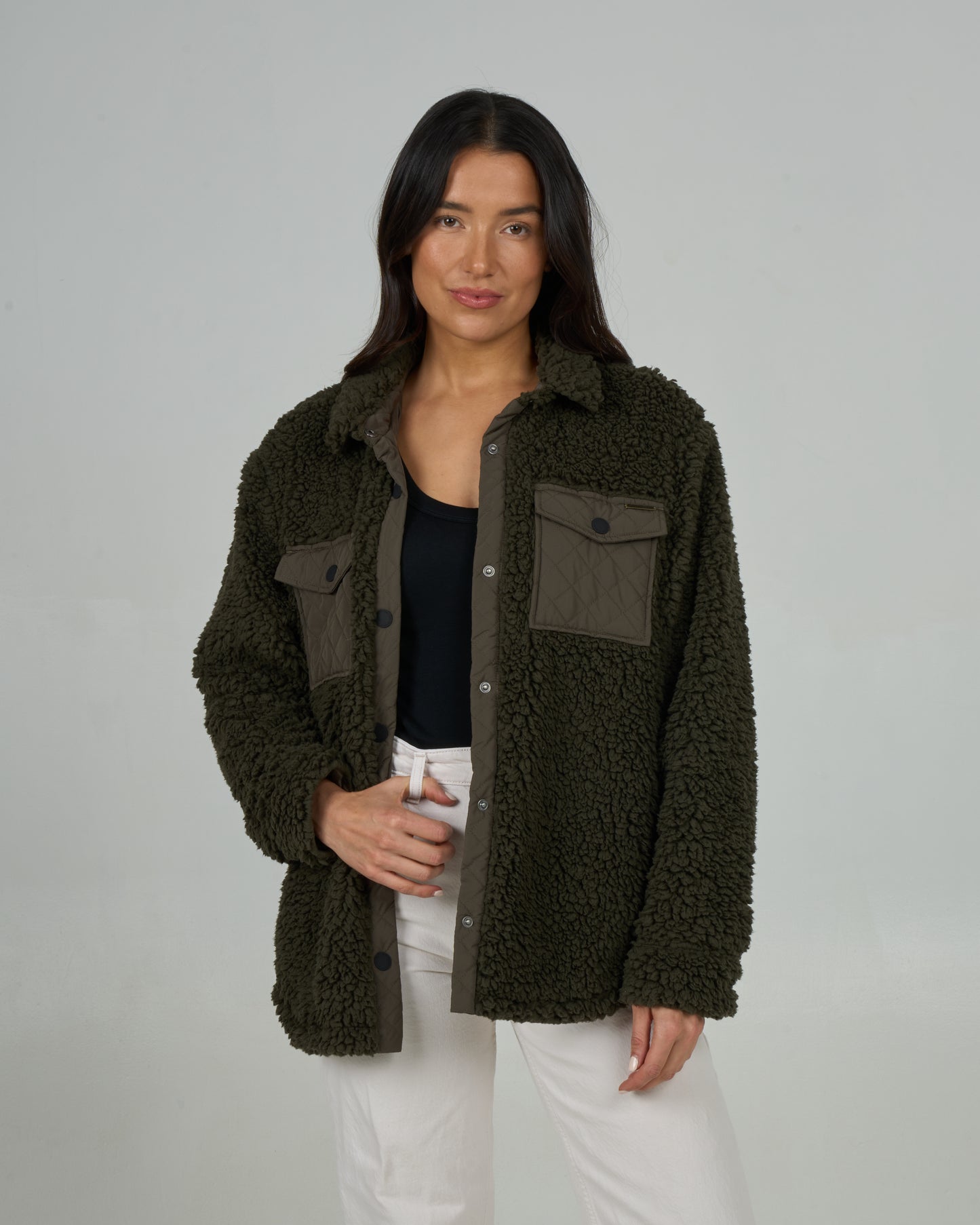 Front view of the Calm Seas Shacket - Dark Olive. 