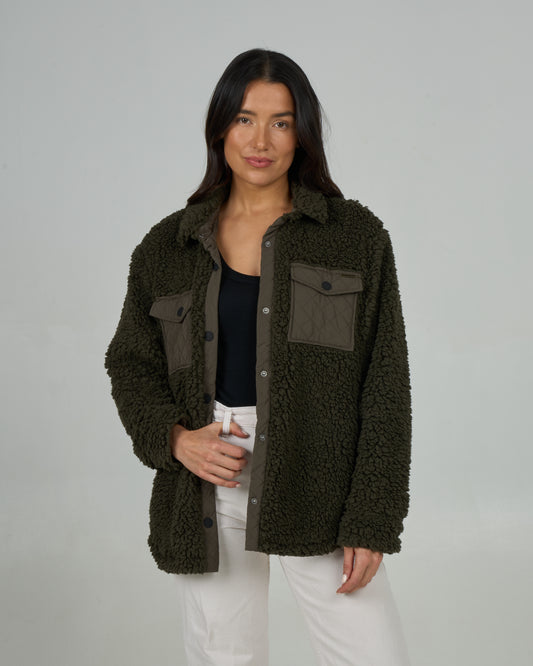 Front view of the Calm Seas Shacket - Dark Olive. 