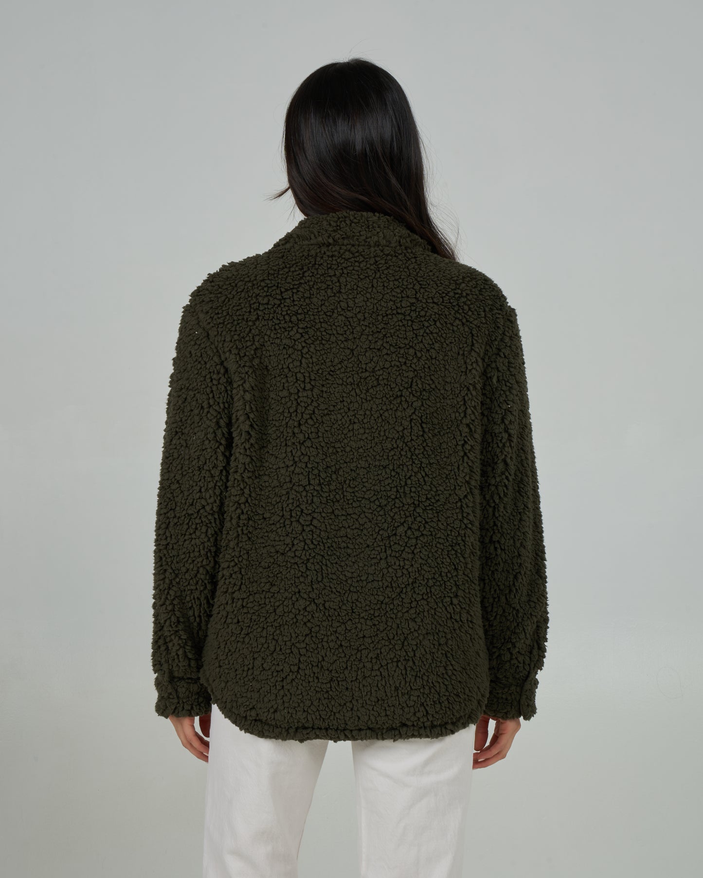 Back view of the Calm Seas Shacket - Dark Olive. 