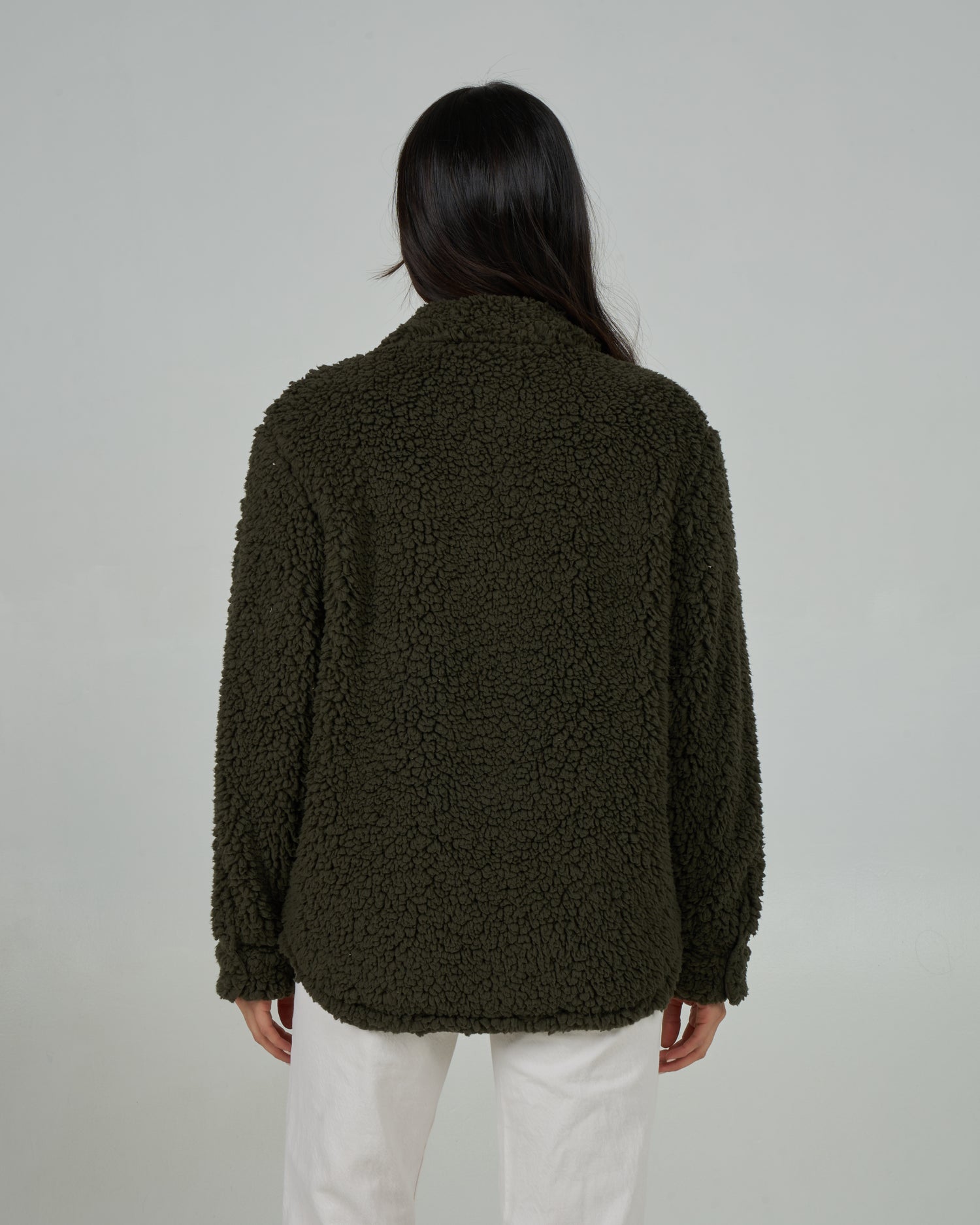 Back view of the Calm Seas Shacket - Dark Olive. 