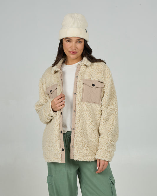 Front view of the Calm Seas Shacket - Natural. 