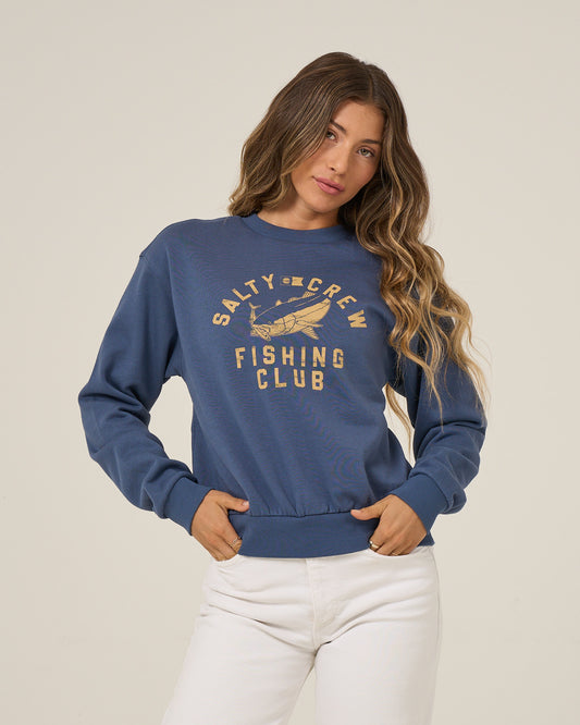 Front view of the Fishing Club Crew Fleece - Vintage Indigo. 