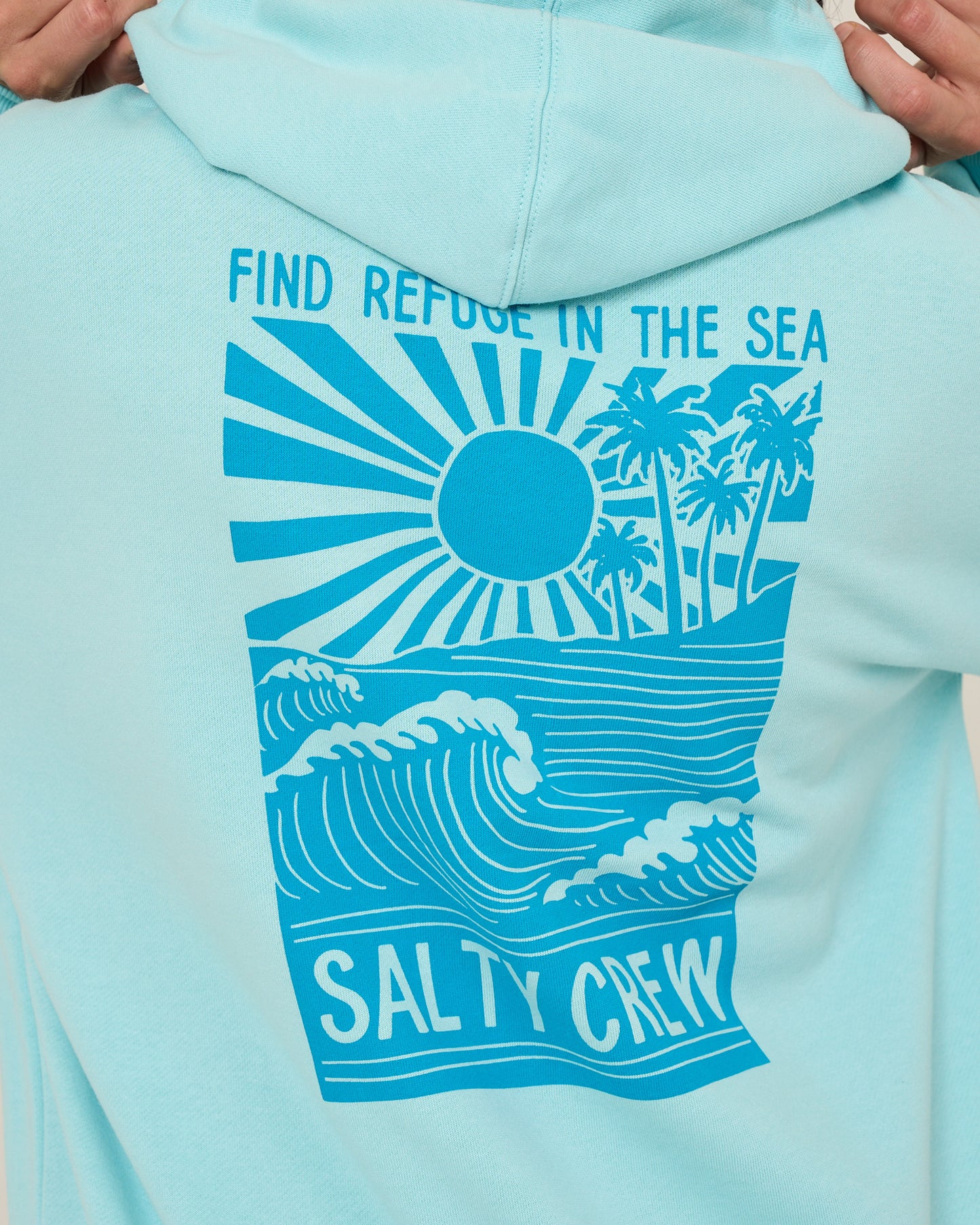 Close up back view of the Rise And Smile Hoodie - Aquamarine. 