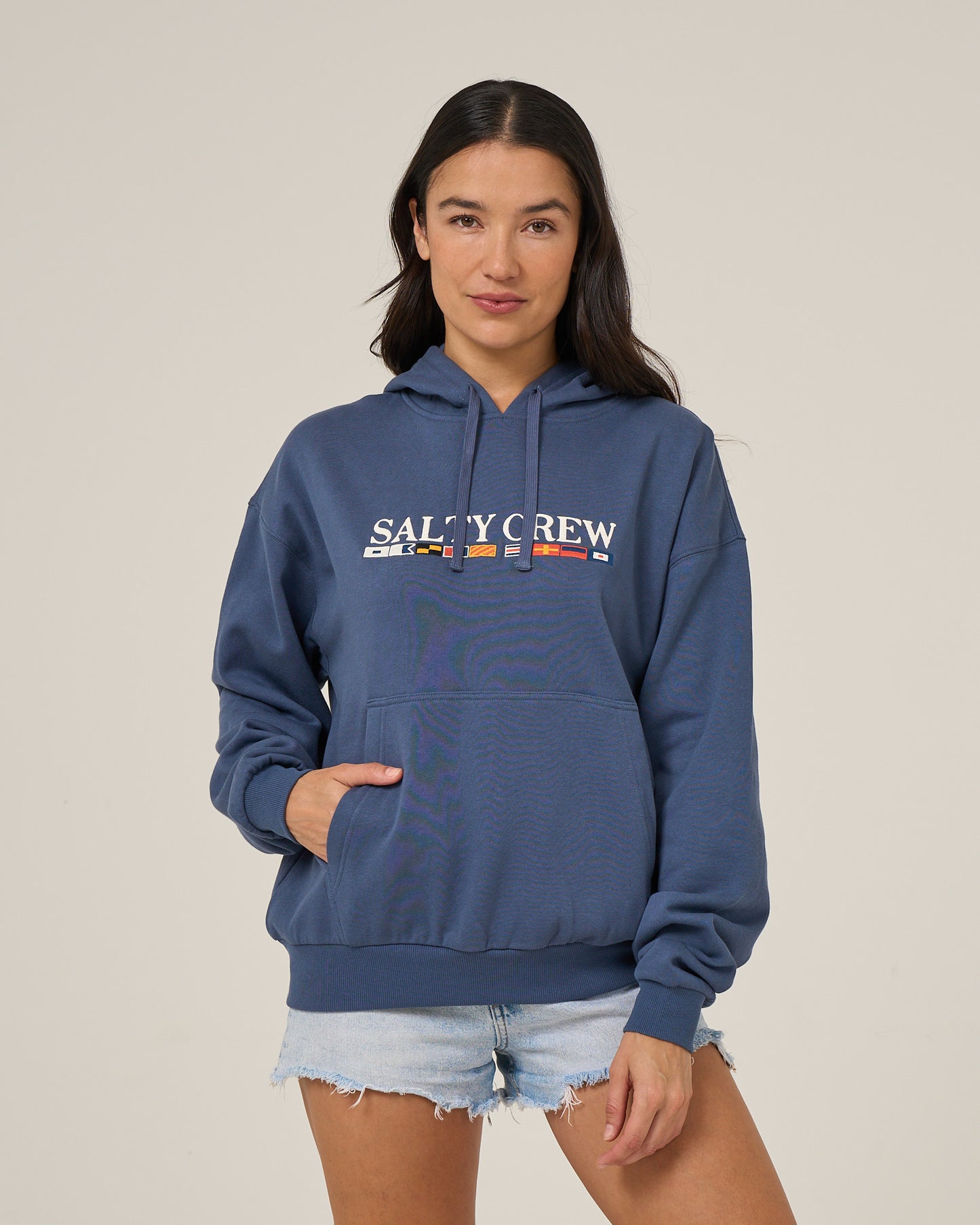 Front view of the Flag Hoodie - Vintage Indigo. 
