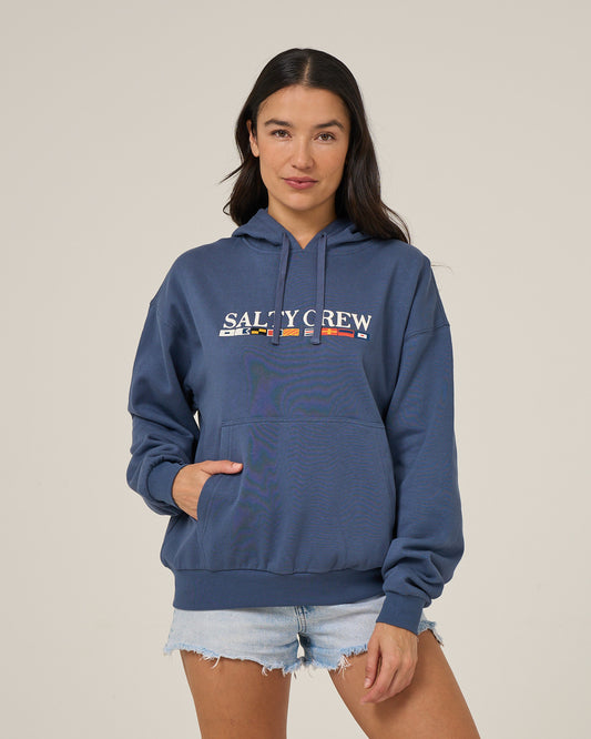 Front view of the Flag Hoodie - Vintage Indigo. 