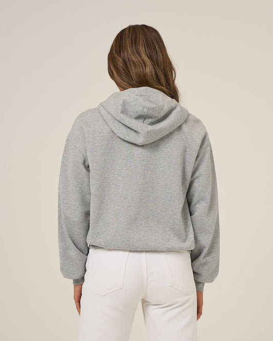 Back view of the First Place Hooded Zip - Athletic Heather. 