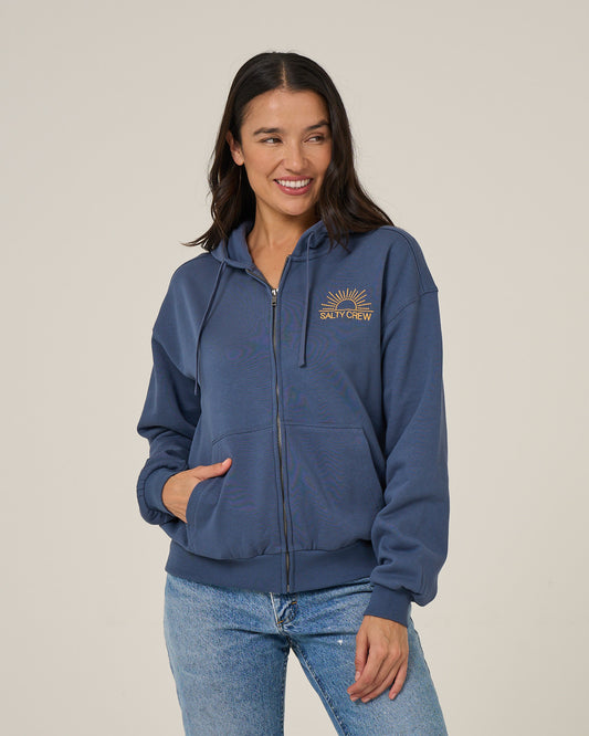 Front view of the First Place Hooded Zip - Vintage Indigo. 