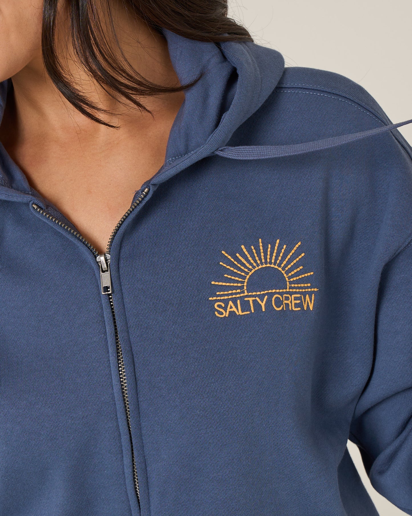 Close up front view of the First Place Hooded Zip - Vintage Indigo. 