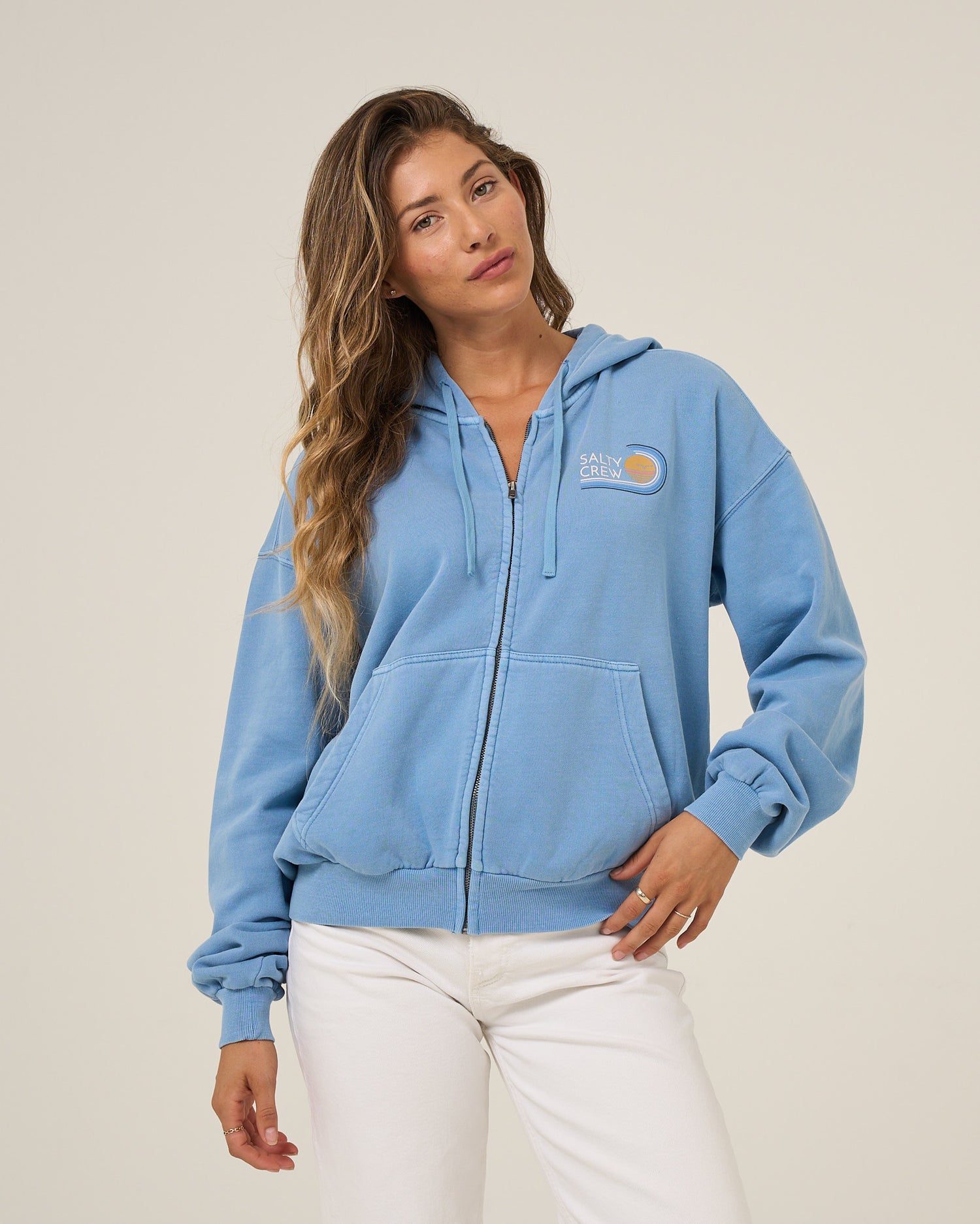 Front view of the Ombre Wave Hooded Zip - Ash Blue. 