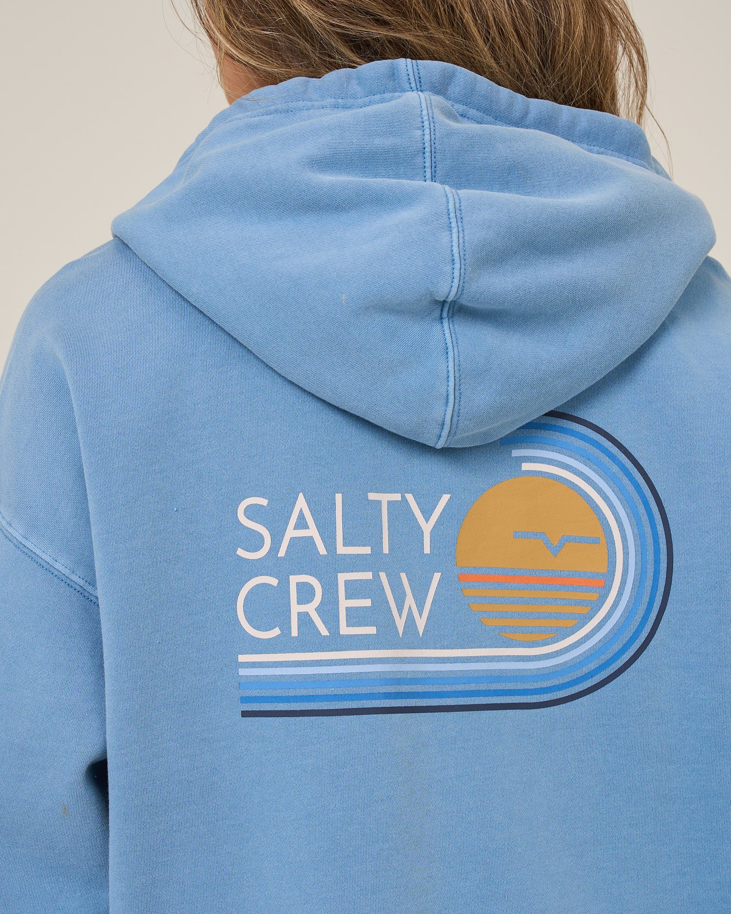 Close up back view of the Ombre Wave Hooded Zip - Ash Blue. 