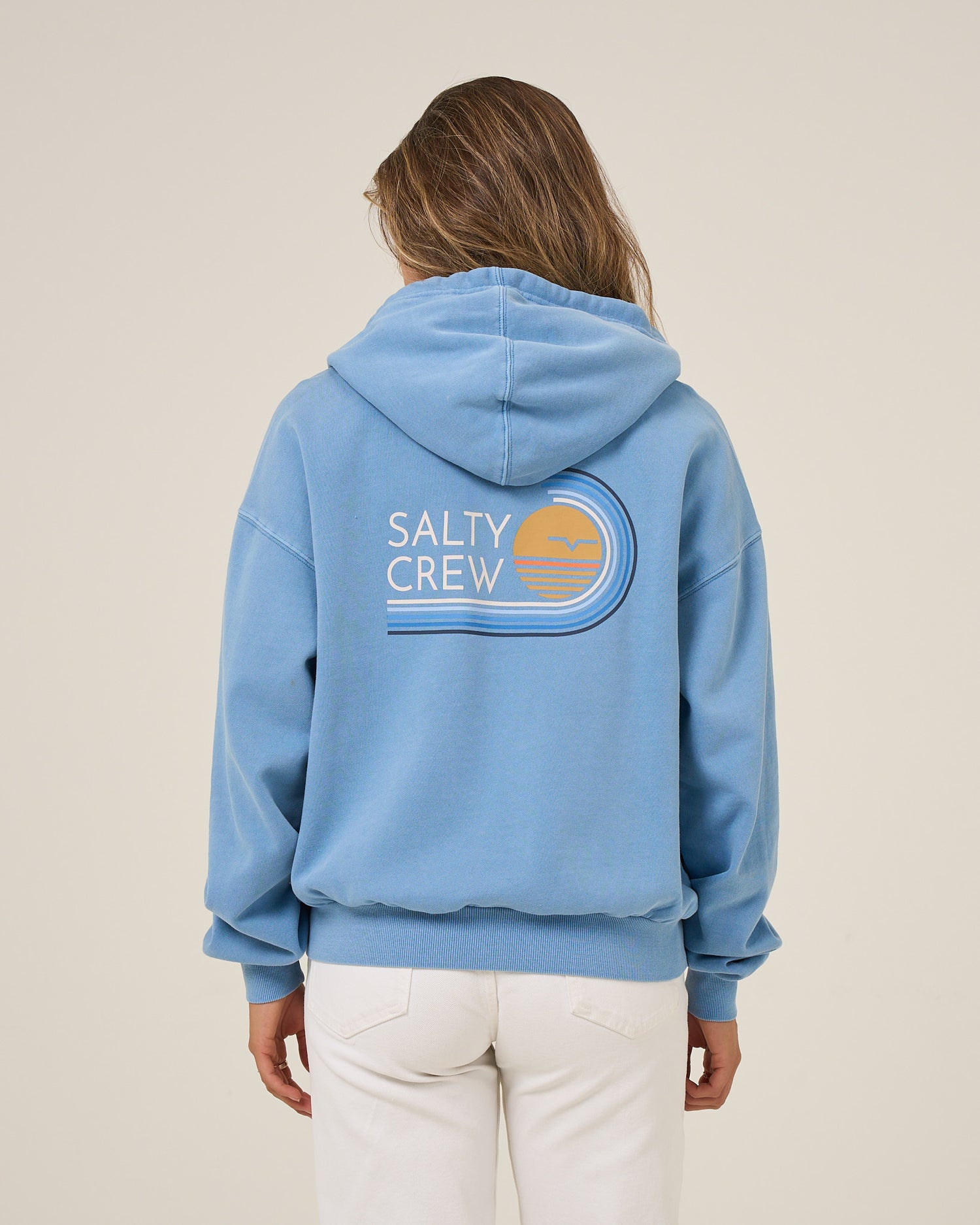 Back view of the Ombre Wave Hooded Zip - Ash Blue. 