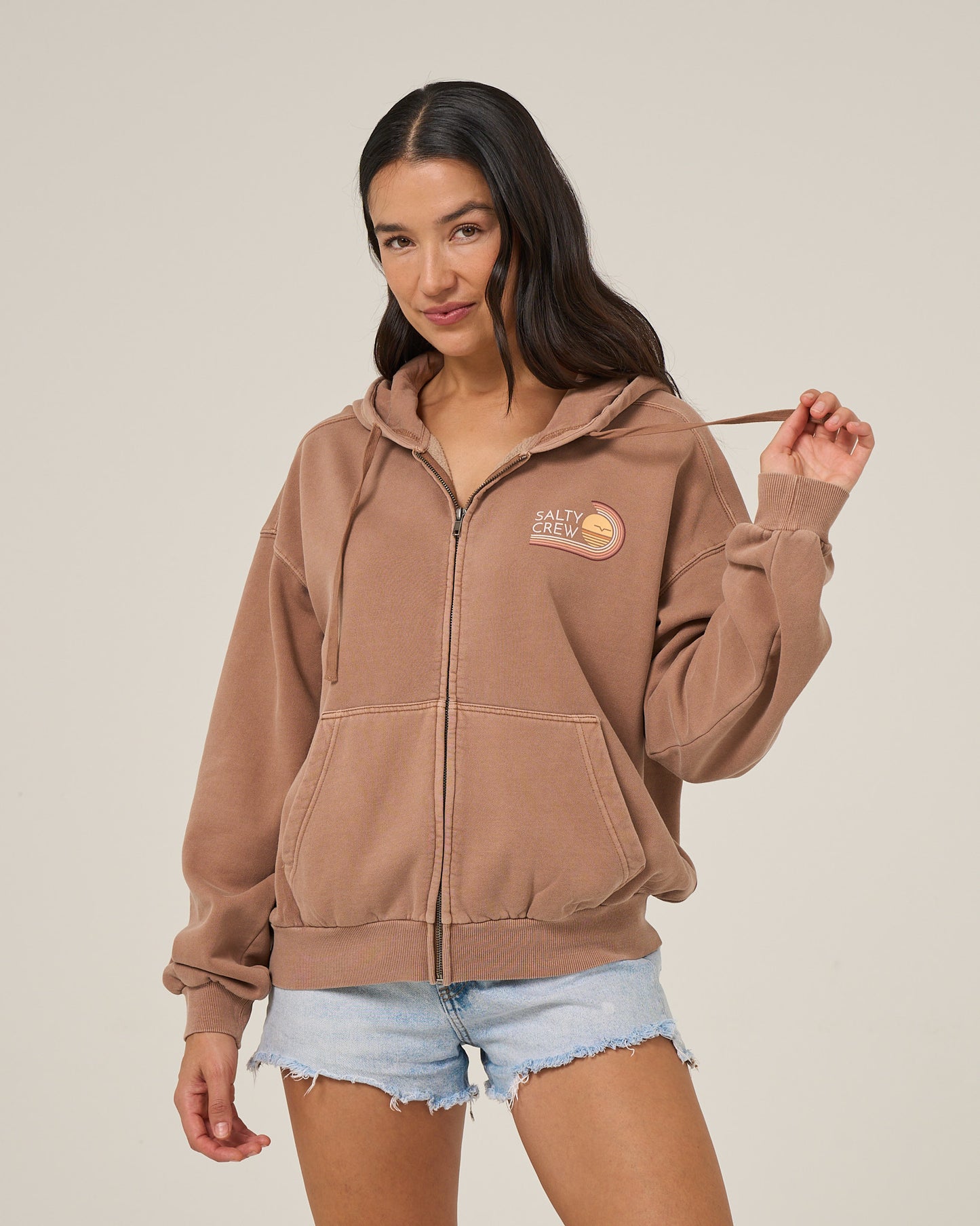 Front view of the Ombre Wave Hooded Zip - Mocha. 