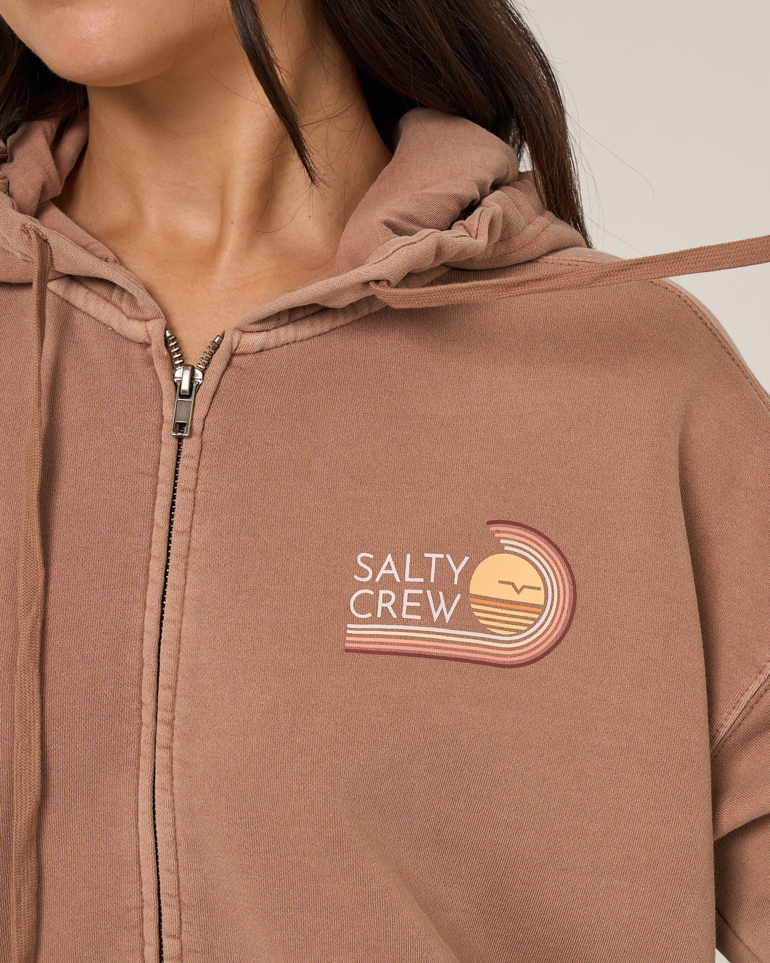 Close up front view of the Ombre Wave Hooded Zip - Mocha. 