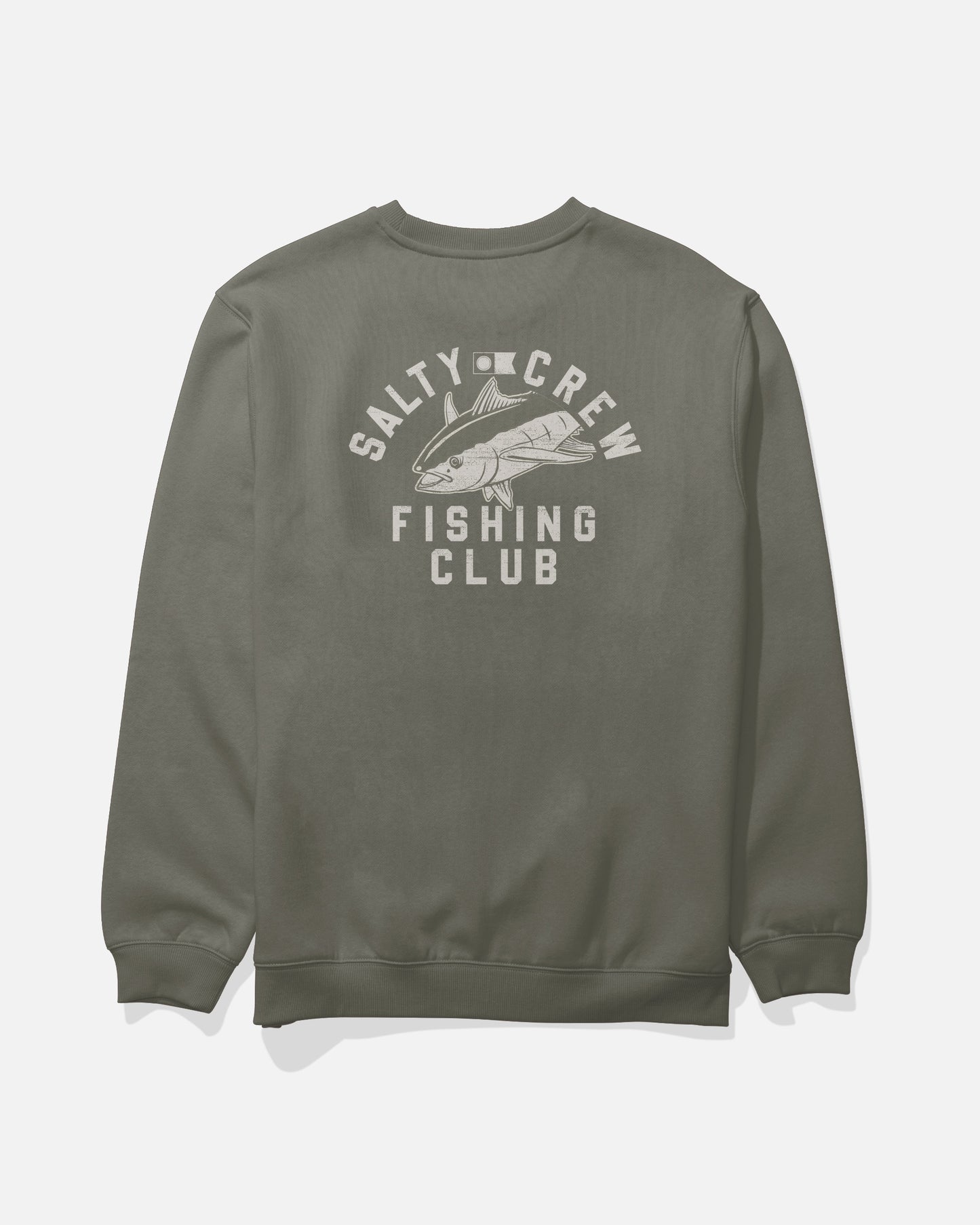 Back view of the Fishing Club Crew Fleece - Dusty Olive. 