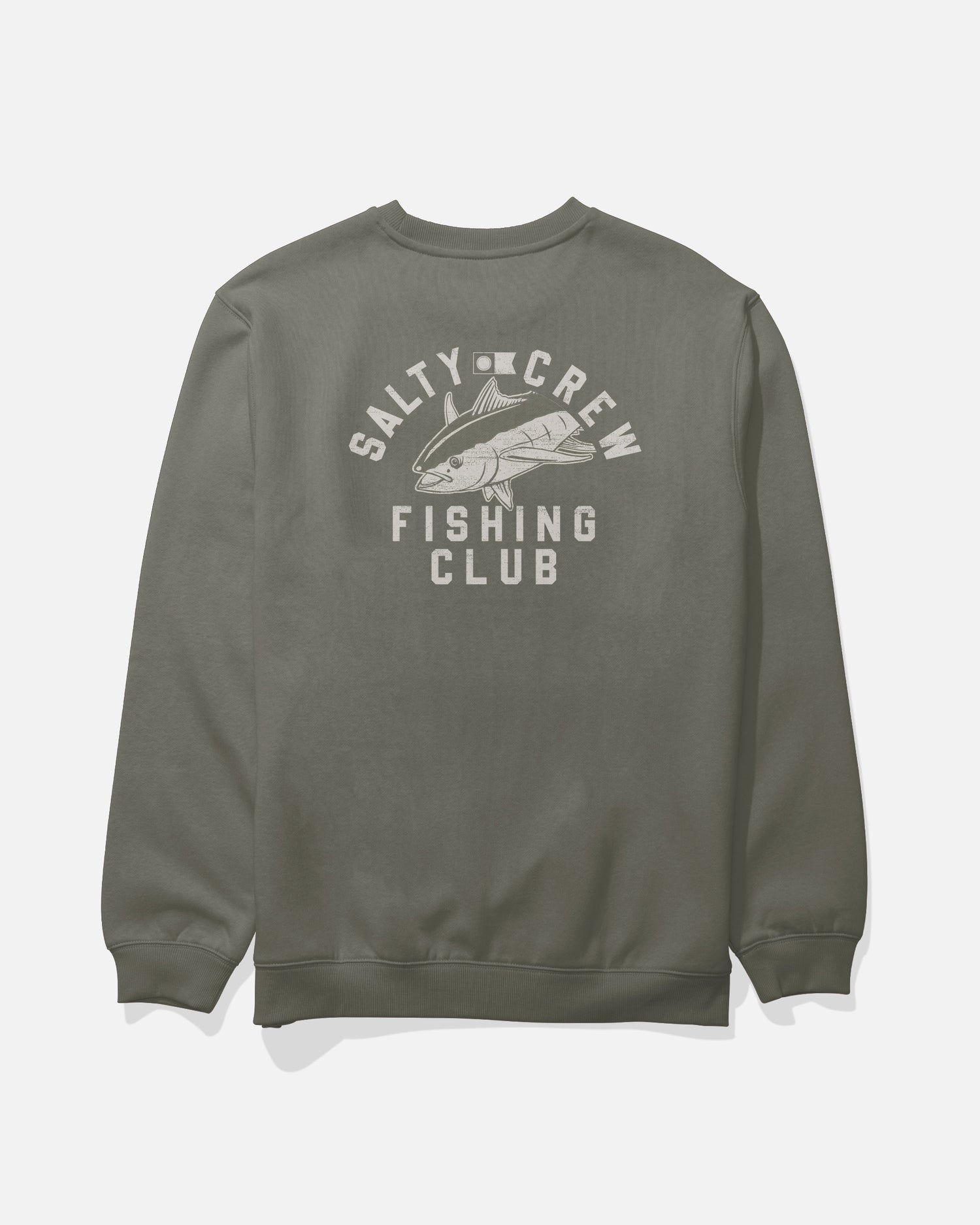 Back view of the Fishing Club Crew Fleece - Dusty Olive. 