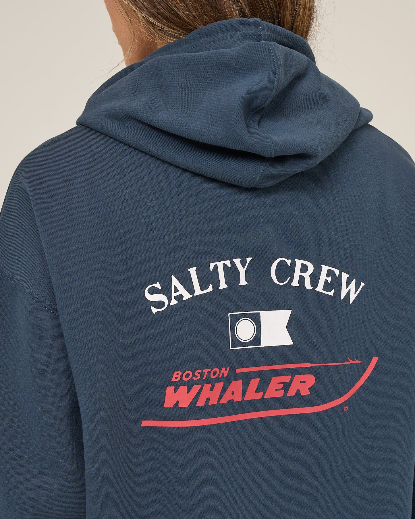 Close up back view of the Whaler Hoodie - Midnight Navy. 