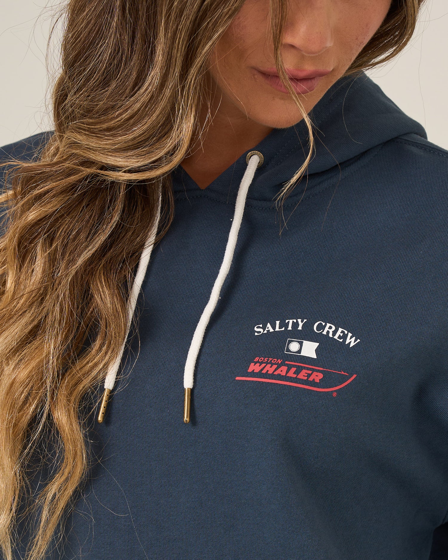 Close up front view of the Whaler Hoodie - Midnight Navy. 