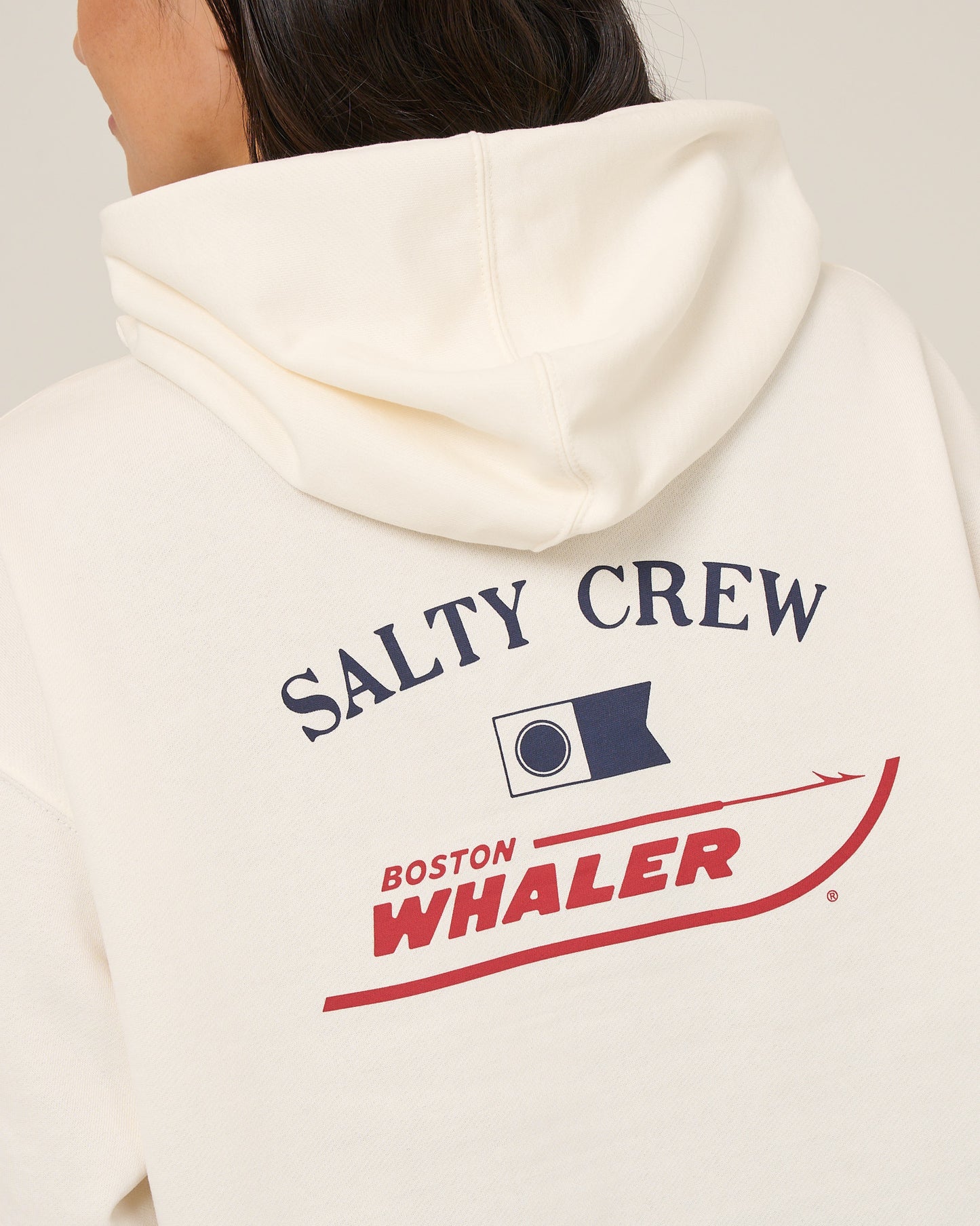 Close up back view of the Whaler Hoodie - Off White. 