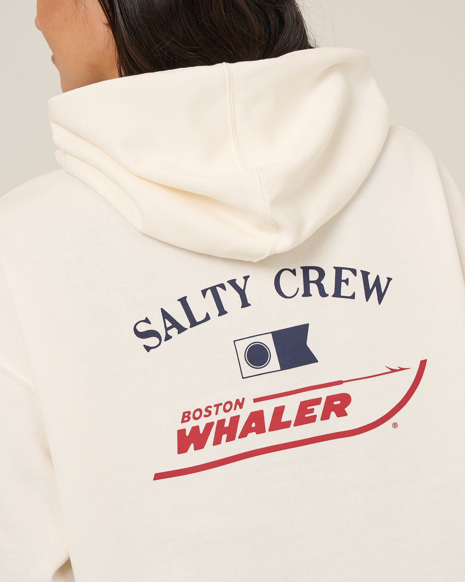 Close up back view of the Whaler Hoodie - Off White. 
