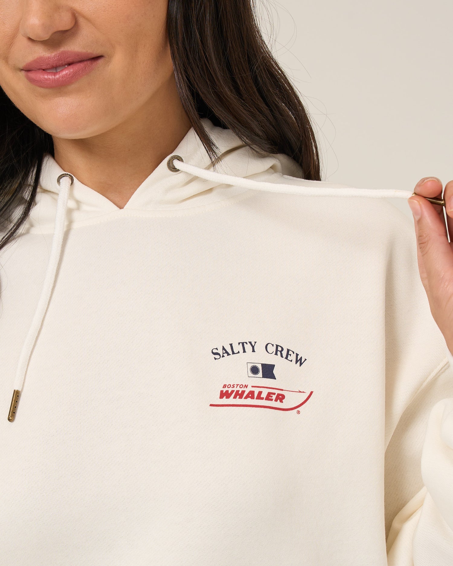 Close up front view of the Whaler Hoodie - Off White. 