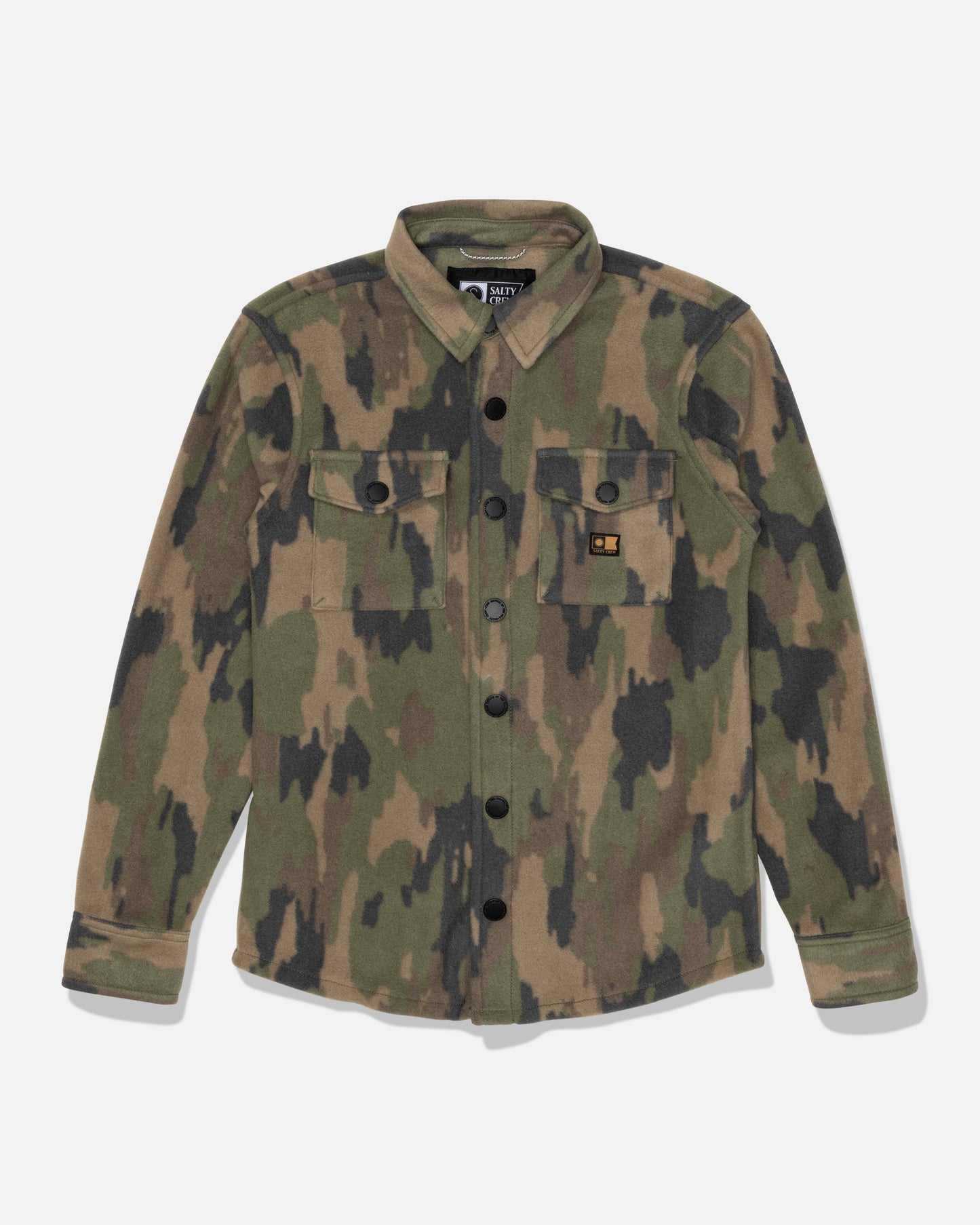 Camouflage polar fleece shirt for boys with two buttoned chest pockets and a woven label on the left pocket.