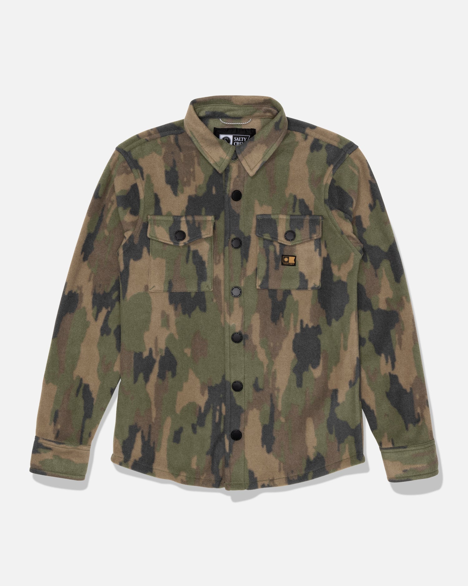Camouflage polar fleece shirt for boys with two buttoned chest pockets and a woven label on the left pocket.