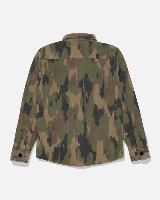 Back view of camouflage Shelter Boys Polar Shirt showing collar and shoulder yoke.