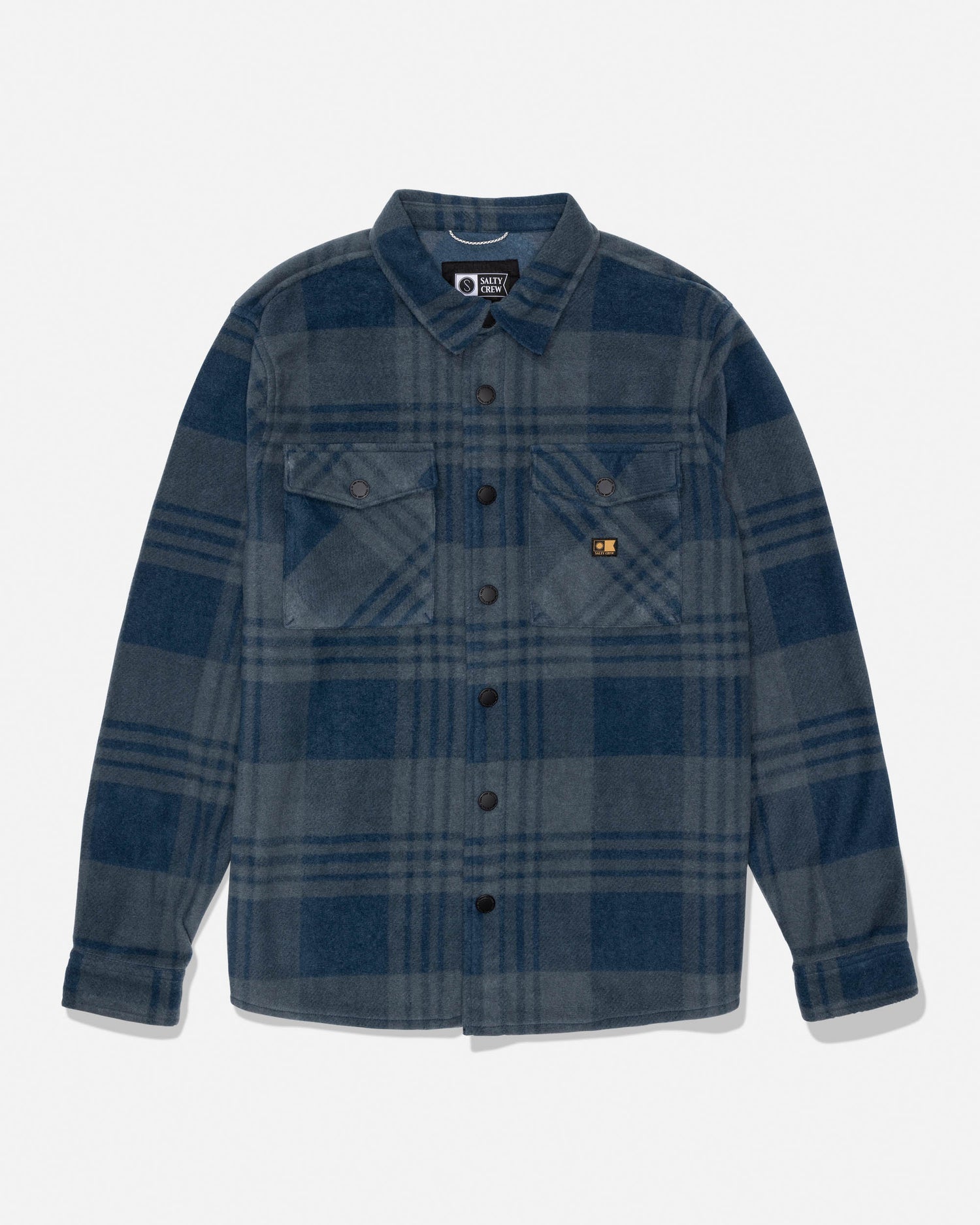 Shelter Polar Shirt navy plaid fleece with dual chest pockets and left chest woven label