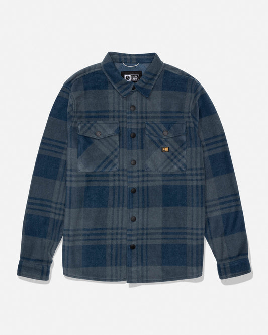 Shelter Polar Shirt navy plaid fleece with dual chest pockets and left chest woven label