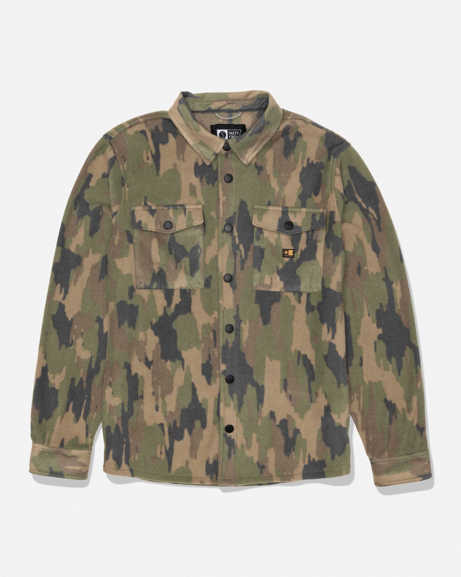 Front view of Shelter Polar Shirt Ranger in woodland camouflage with dual chest pockets and a woven label on the left pocket