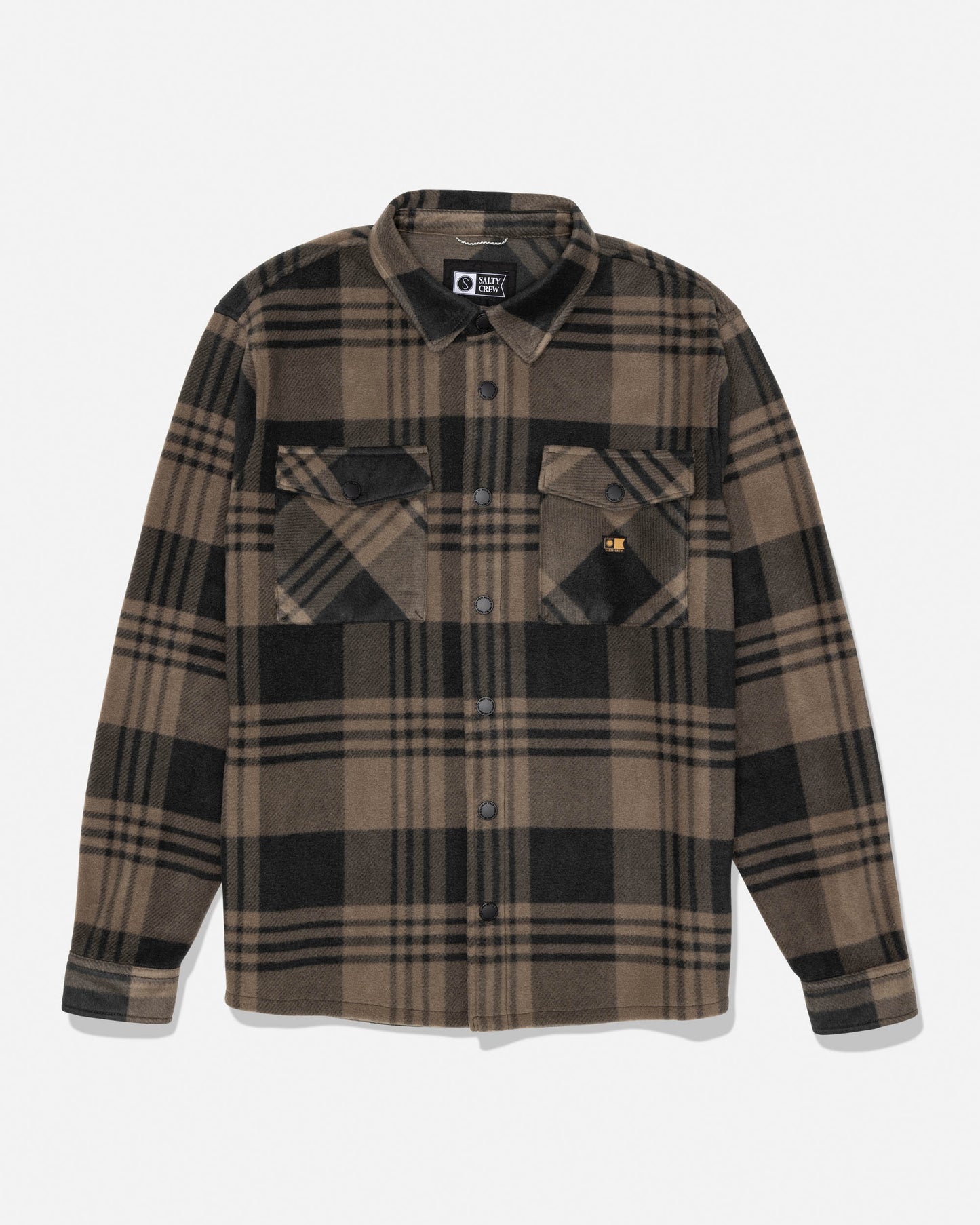 Front view of Shelter Polar Shirt Washed Brown in plaid with dual chest pockets and button closures
