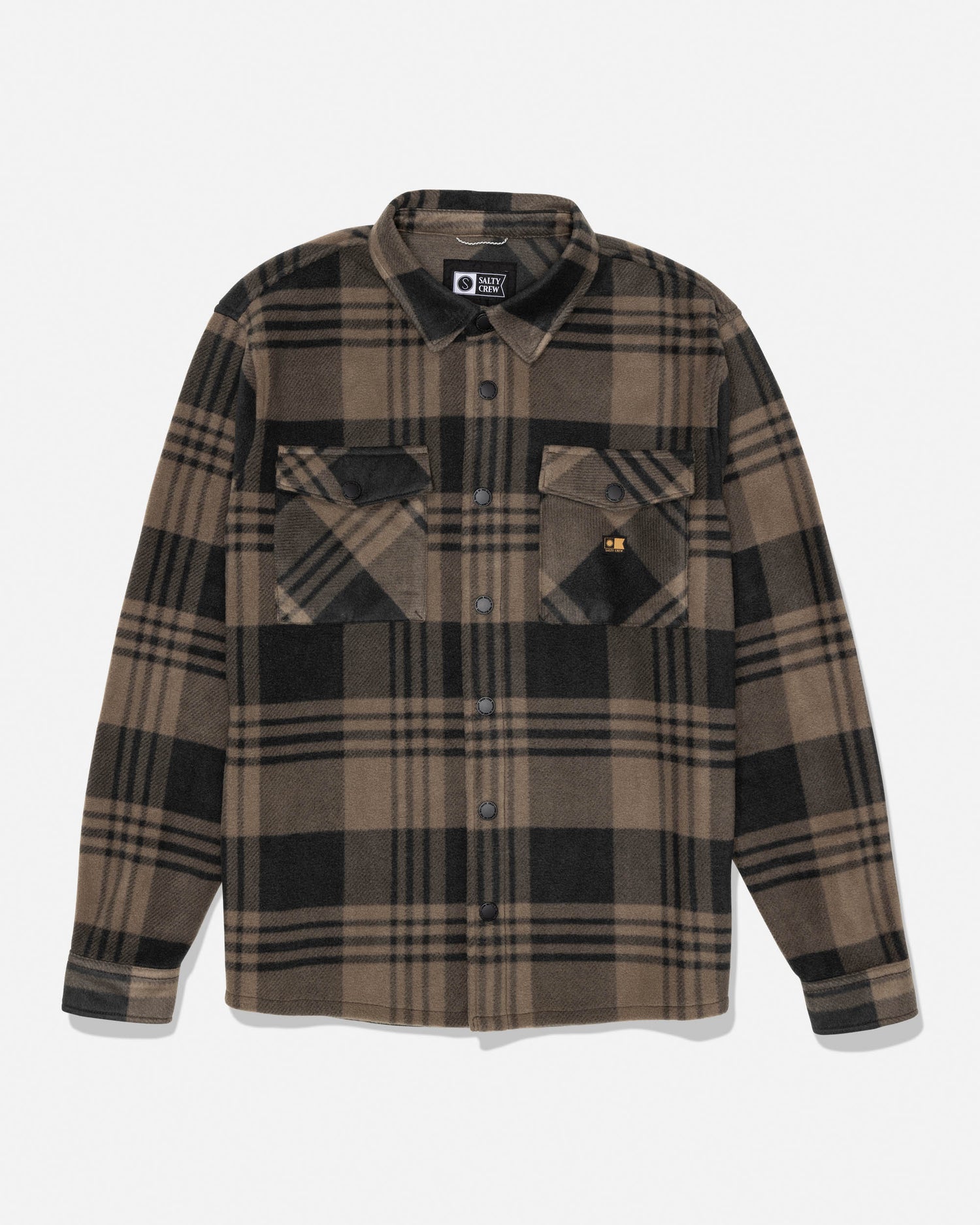 Front view of Shelter Polar Shirt Washed Brown in plaid with dual chest pockets and button closures