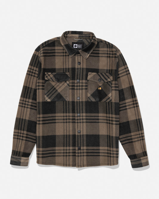 Front view of Shelter Polar Shirt Washed Brown in plaid with dual chest pockets and button closures