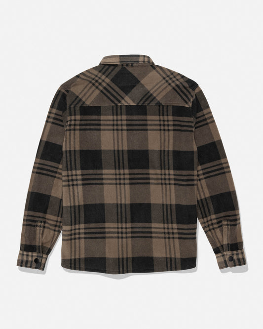 Back view of a brown and black plaid Shelter Polar Shirt with a folded collar and long sleeves