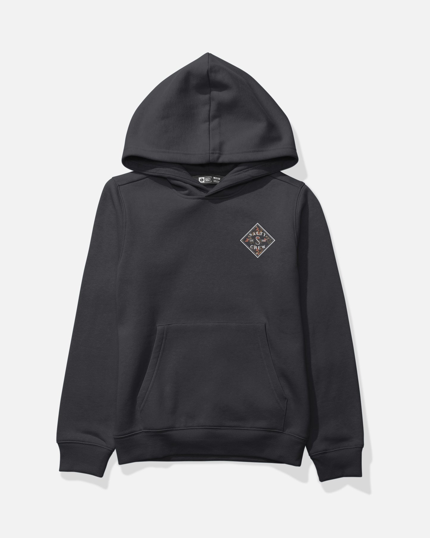 The Salty Crew Tippet Fill Boys Fleece in black is a comfortable, mid-weight cotton hoodie featuring a front pocket and a small, diamond-shaped graphic screenprinted on the left chest. This hoodie also includes a drawstring hood, along with ribbed cuffs and hem.