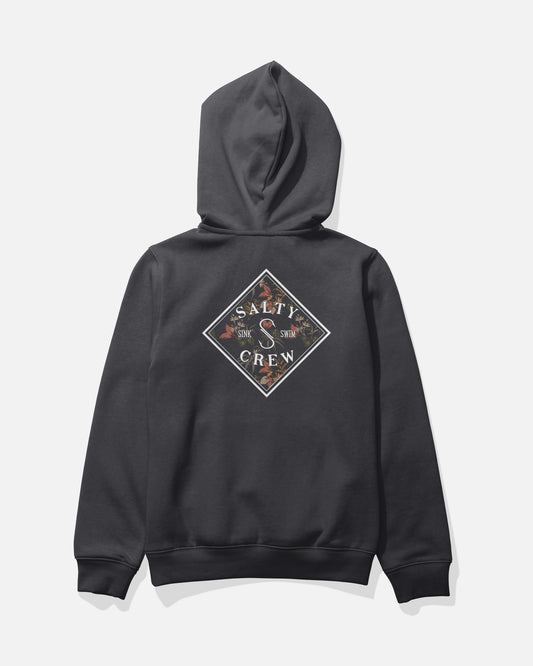The Salty Crew Tippet Fill Boys Fleece - Black is a mid-weight cotton hoodie featuring a diamond-shaped graphic on the back filled with ocean-inspired designs and the Salty Crew name. Comfortable and classic, this black fleece is finished with premium screenprinted details for a laid-back look.