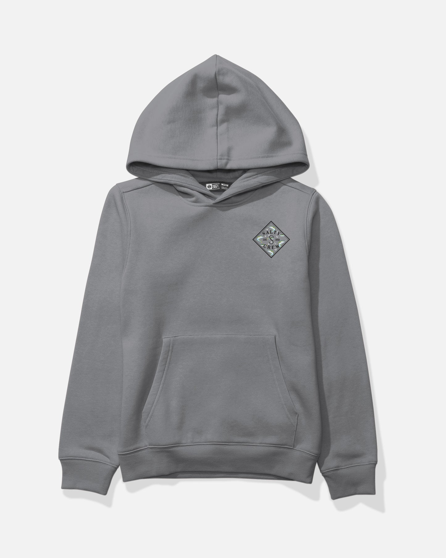 The Salty Crew Tippet Fill Boys Fleece in Shark Skin is a gray hooded sweatshirt made from a soft cotton-polyester blend, designed with a front kangaroo pocket and a small diamond-shaped patterned patch on the left chest. Shown against a plain white background, this mid-weight hoodie offers everyday comfort.
