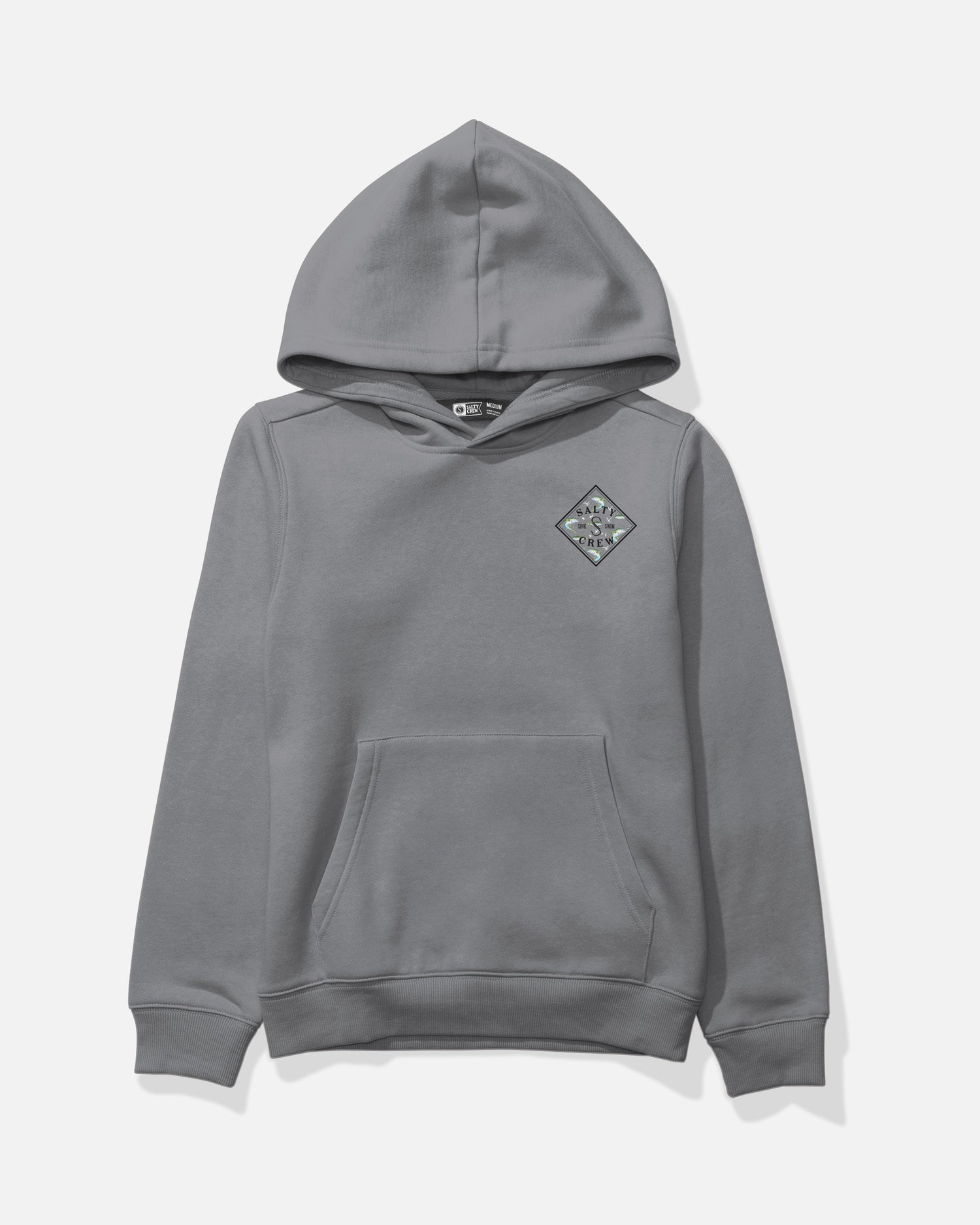 The Salty Crew Tippet Fill Boys Fleece in Shark Skin is a gray hooded sweatshirt made from a soft cotton-polyester blend, designed with a front kangaroo pocket and a small diamond-shaped patterned patch on the left chest. Shown against a plain white background, this mid-weight hoodie offers everyday comfort.