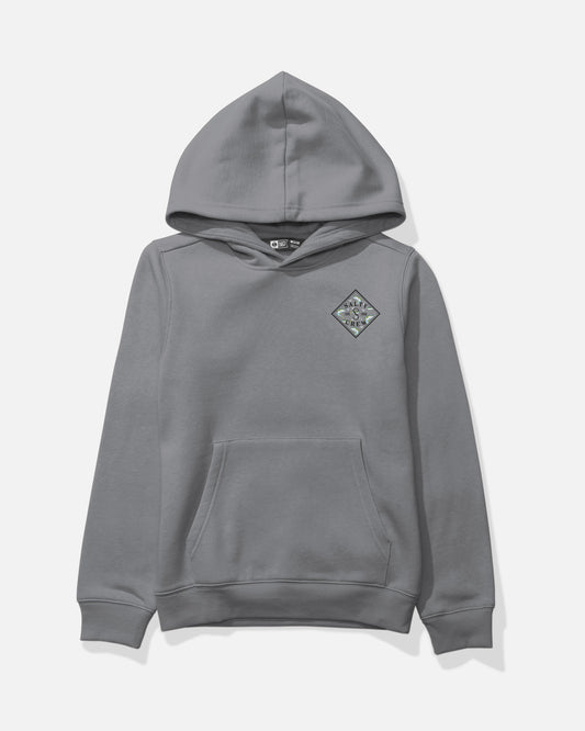 The Salty Crew Tippet Fill Boys Fleece in Shark Skin is a gray hooded sweatshirt made from a soft cotton-polyester blend, designed with a front kangaroo pocket and a small diamond-shaped patterned patch on the left chest. Shown against a plain white background, this mid-weight hoodie offers everyday comfort.