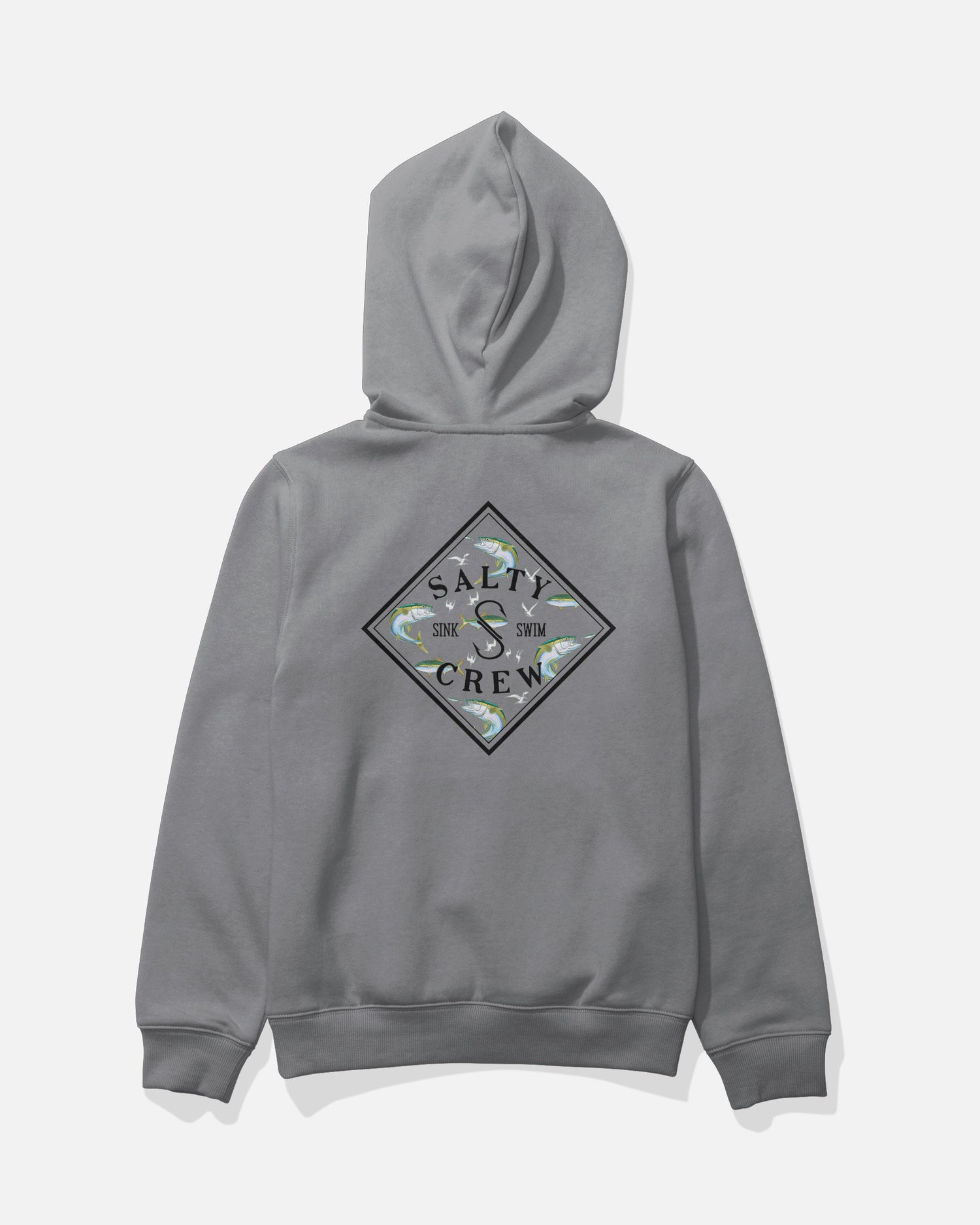 Introducing the Salty Crew Tippet Fill Boys Fleece in Shark Skin: a gray hoodie with a diamond-shaped camouflage Salty Crew logo on the back, featuring “Sink Swim” lettering. This mid-weight cotton-polyester sweatshirt is screenprinted for lasting style and shown laid flat on a white background.
