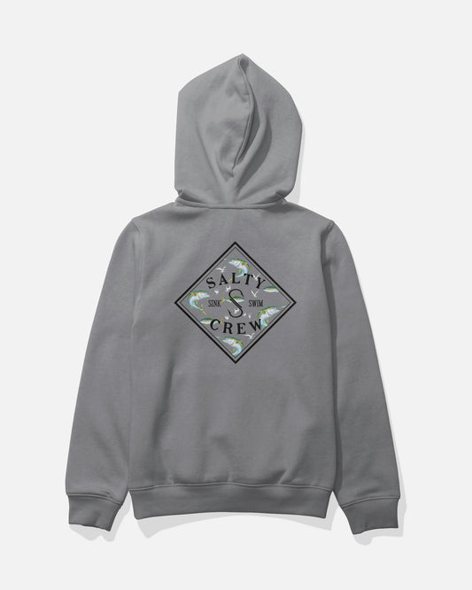 Introducing the Salty Crew Tippet Fill Boys Fleece in Shark Skin: a gray hoodie with a diamond-shaped camouflage Salty Crew logo on the back, featuring “Sink Swim” lettering. This mid-weight cotton-polyester sweatshirt is screenprinted for lasting style and shown laid flat on a white background.